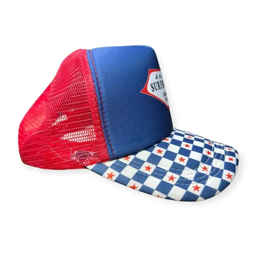 Jacks Surfboards Trucker Hat Cap Mens Snapback Blue Flag 4th Of July‎